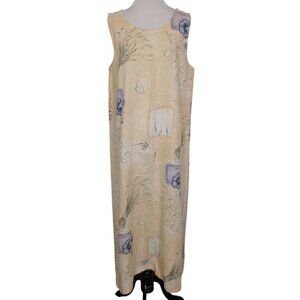 Vintage Linen Floral Dress Womens Petite Size Medium Yellow Pansy Lavender Shift